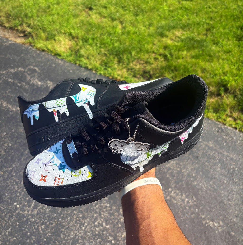 Custom black af1 with white LV drip. Designer print custom sneakers for men and women 