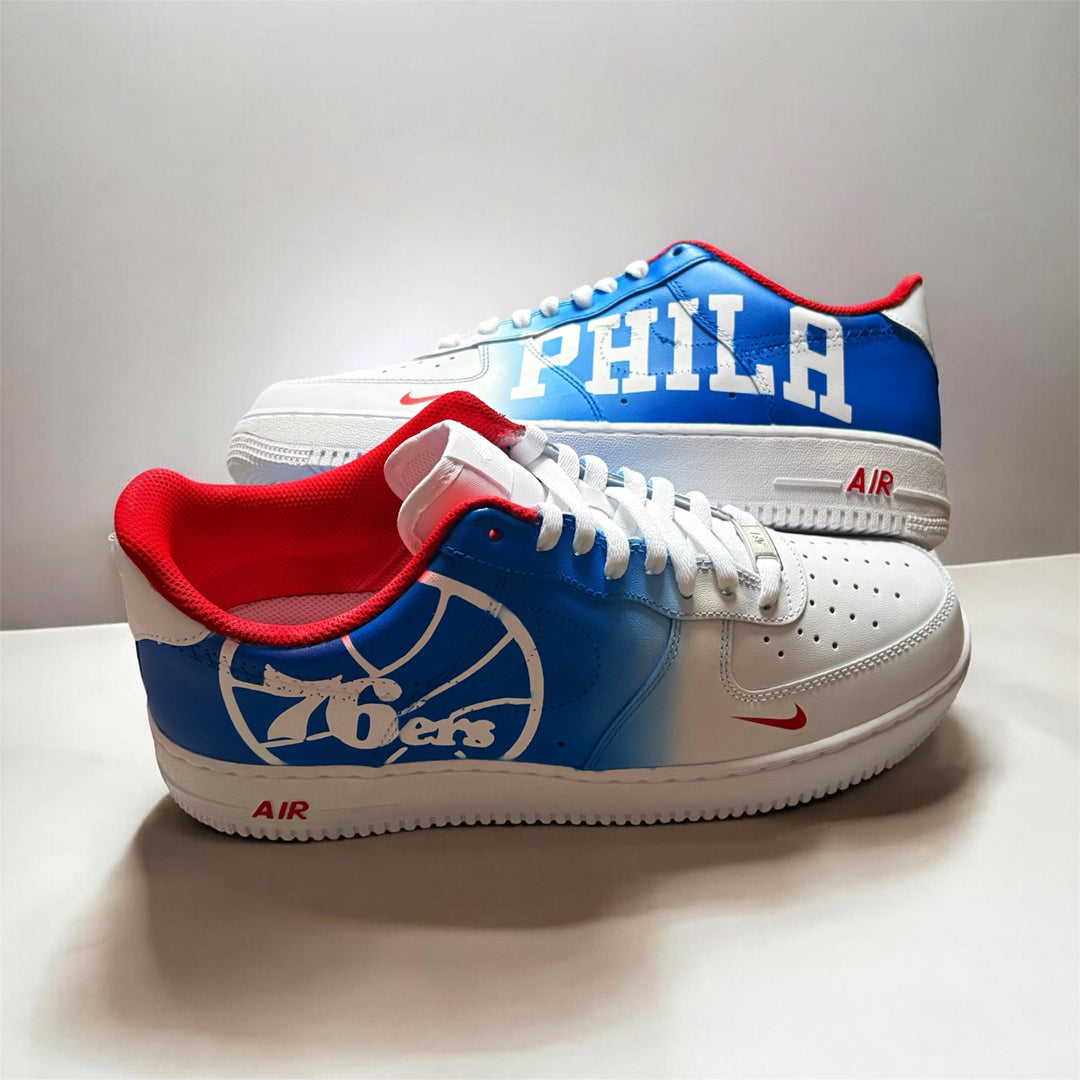 Custom pair of NBA 76ers af1. Blue to white color fade with red insole and team logo for men and women 