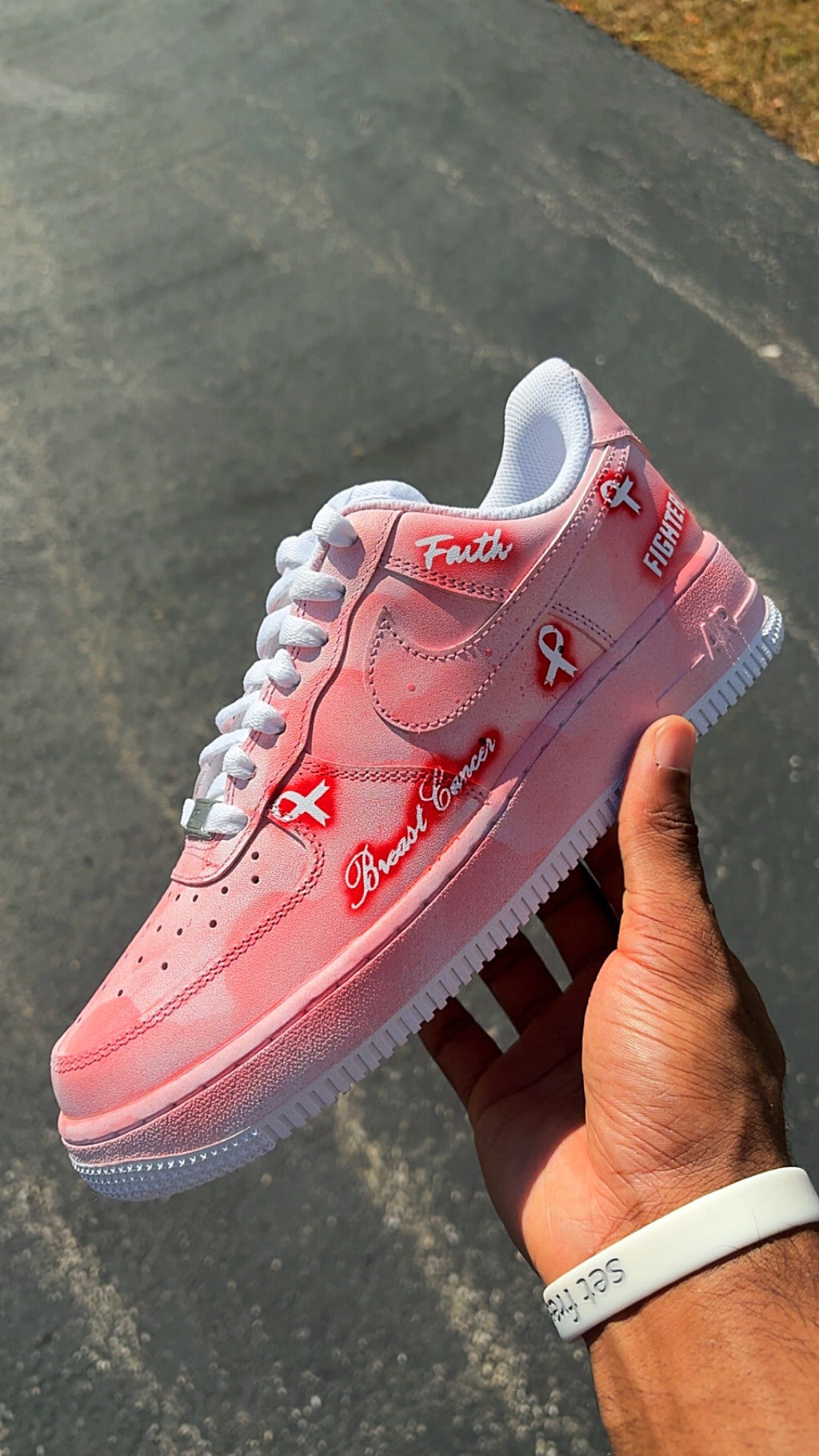 Custom all pink AF1 wit breast cancer awareness meanings designed. Support sneaker for women in style 