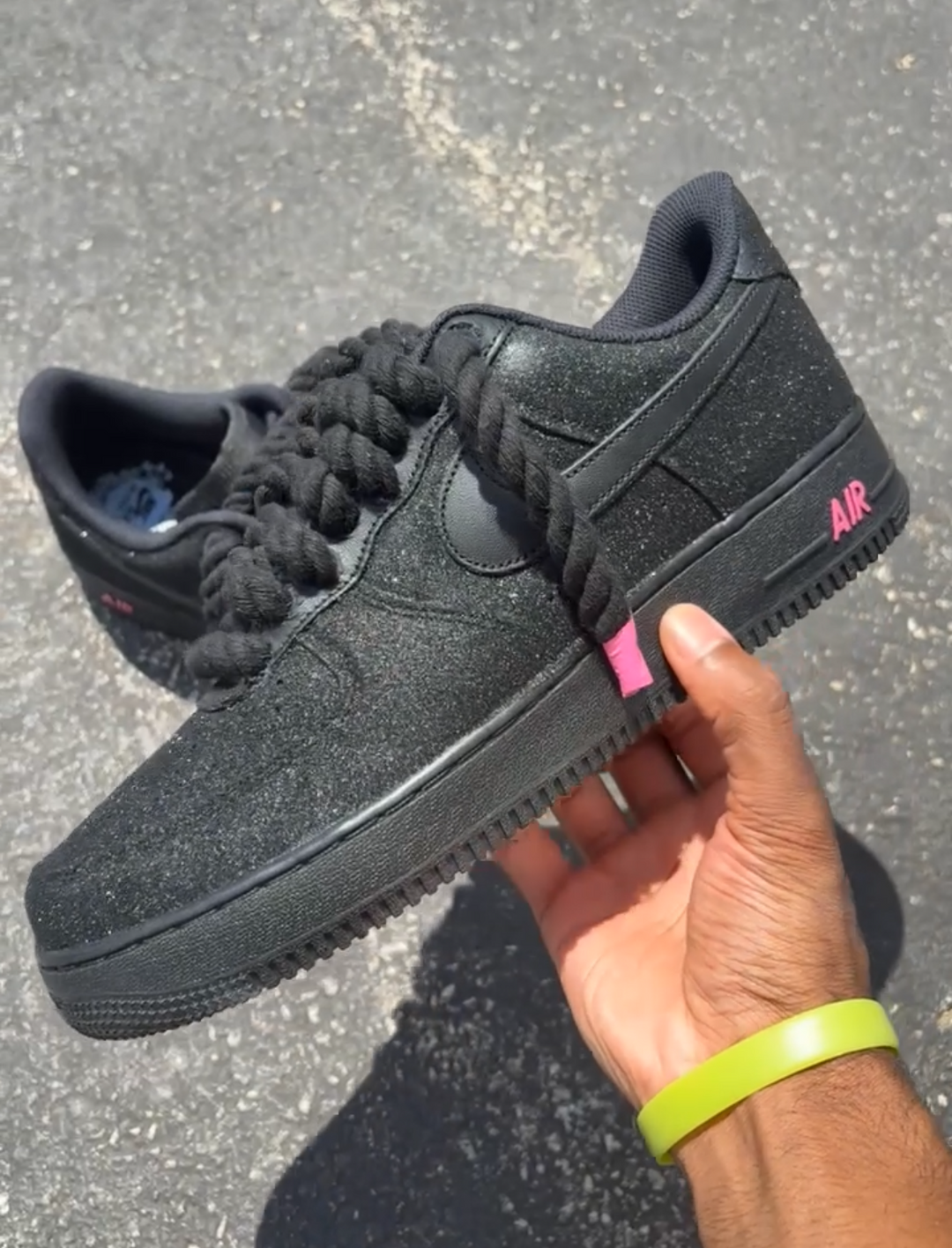 Black glitter Airforce one with rope laces and hard pink bottoms 