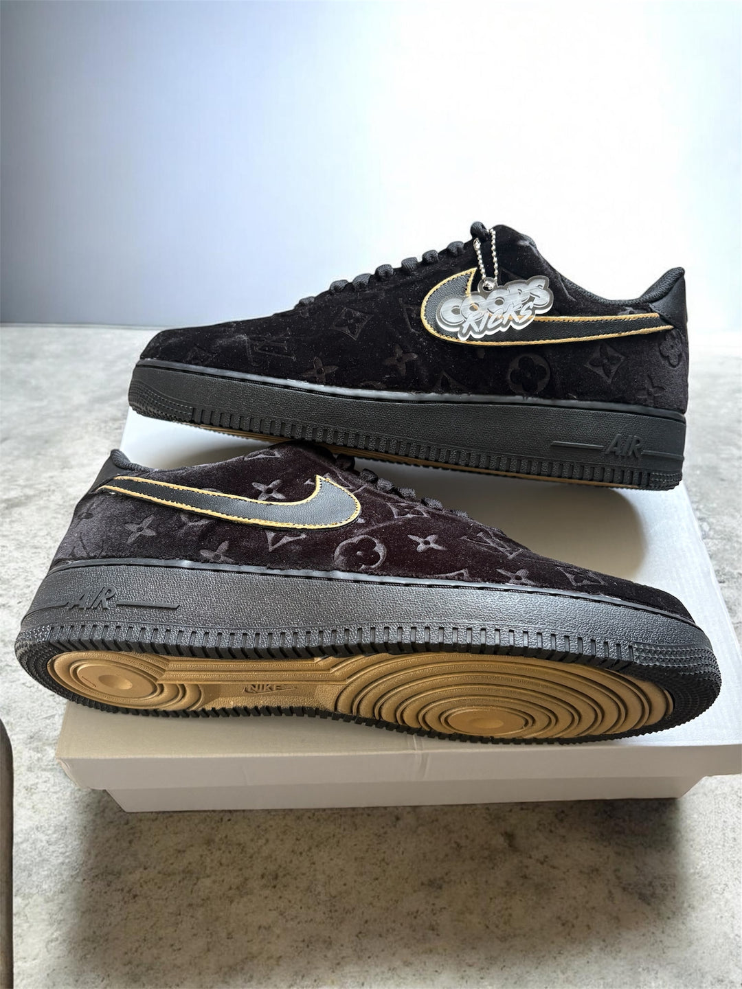 Custom Black velvet patterned sneakers with gold accents and hard bottoms for men and women 