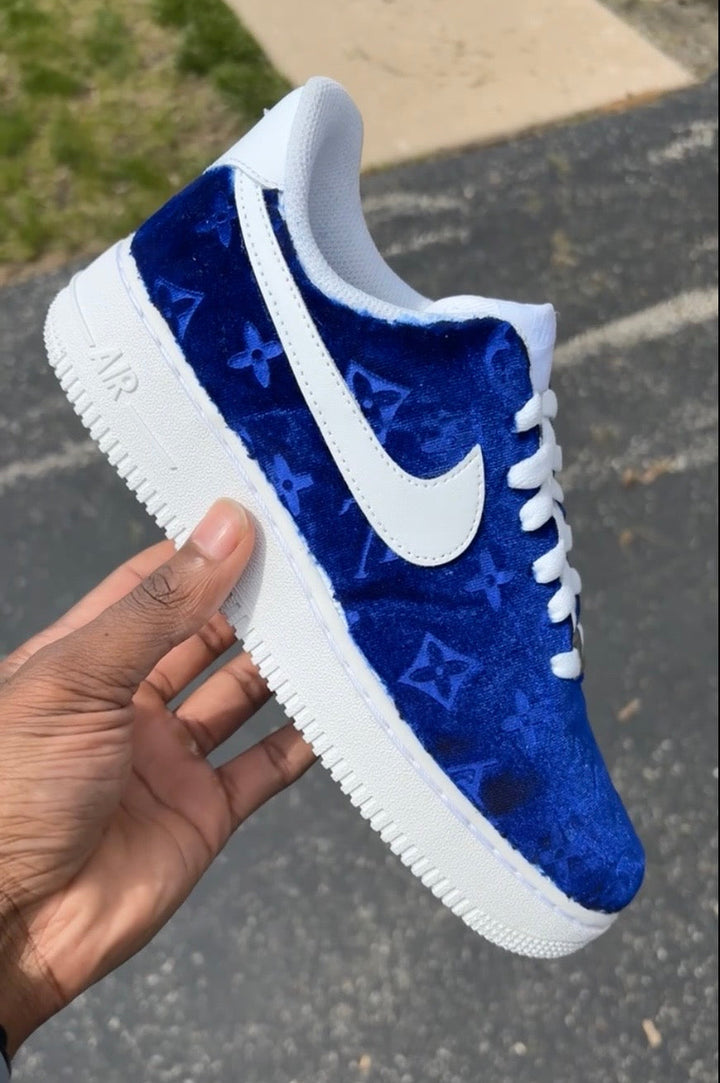 Custom white AF1s with blue designer fabric print. Custom made for men and women 