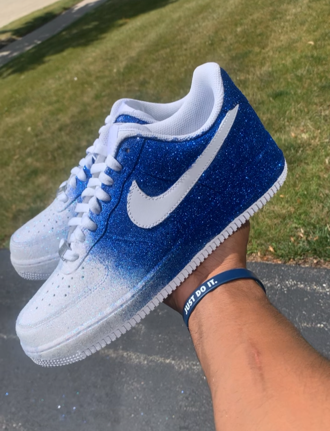 Custom Blue and white glitter fade sneakers for men and women 
