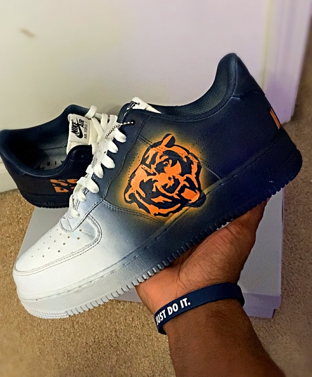 Custom men’s sneakers with navy blue and white fade with Chicago bear logo 