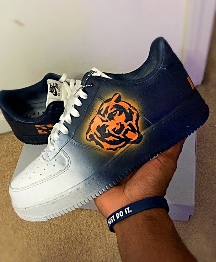 Custom men’s sneakers with navy blue and white fade with Chicago bear logo 