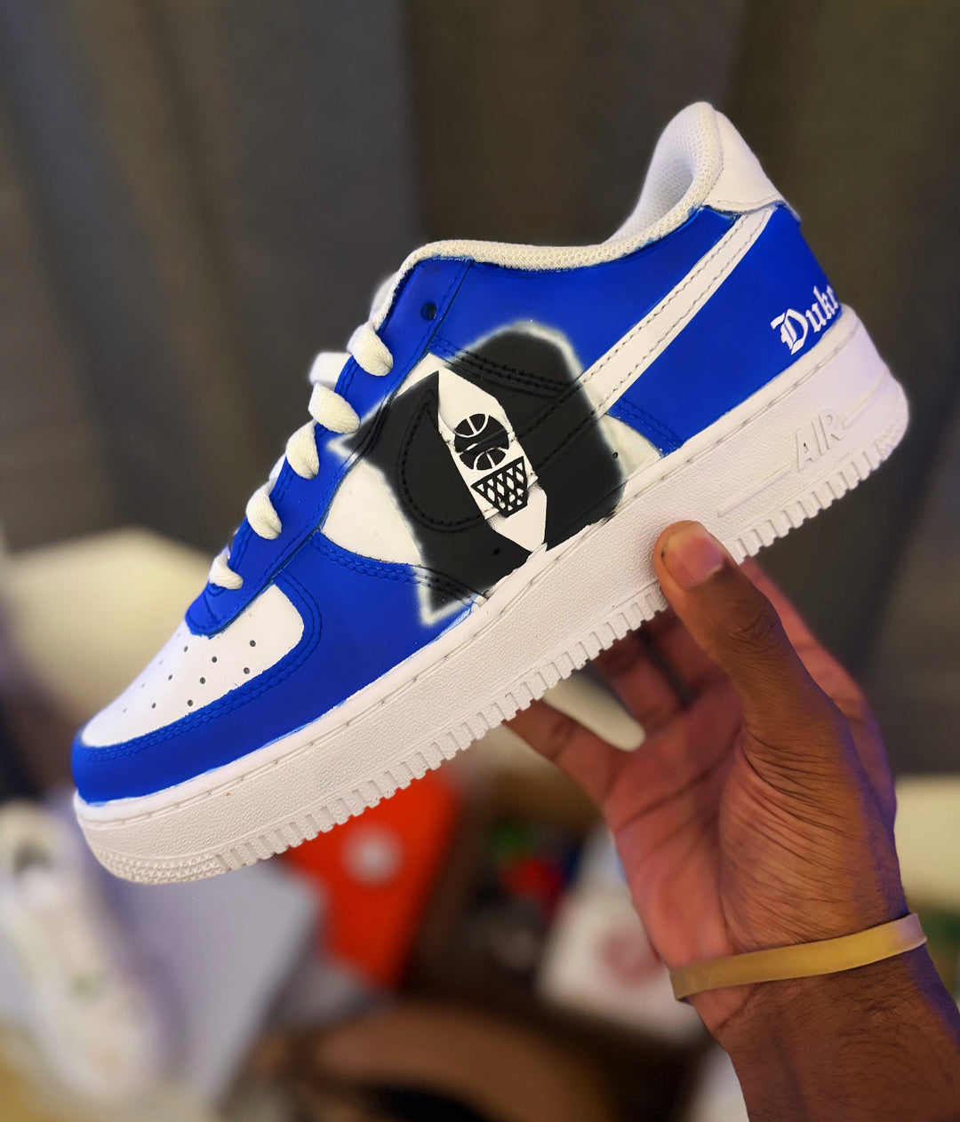 Blue and white custom college sports basketball team. Custom men’s sneaker gift 
