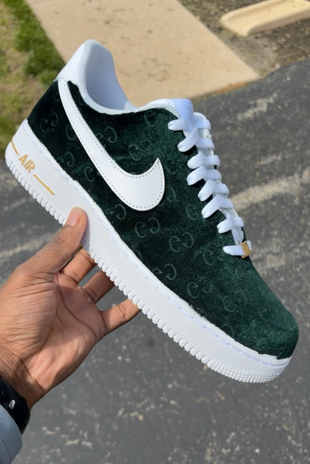 Custom green Gucci fabric print with gold accents linings 