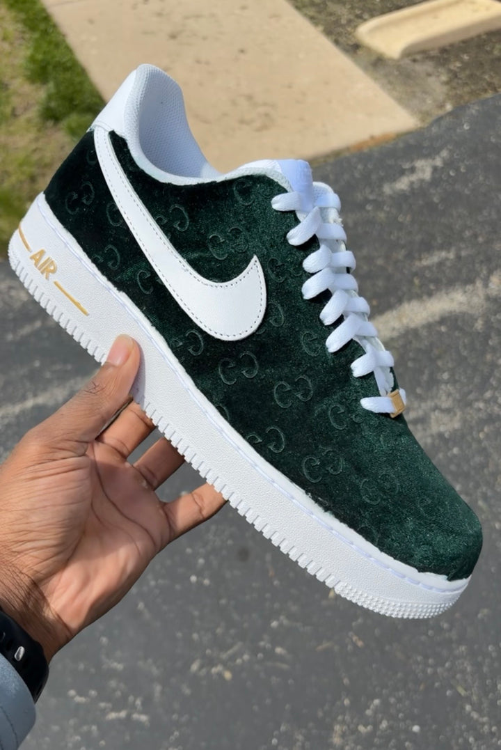 Custom green Gucci fabric print with gold accents linings 
