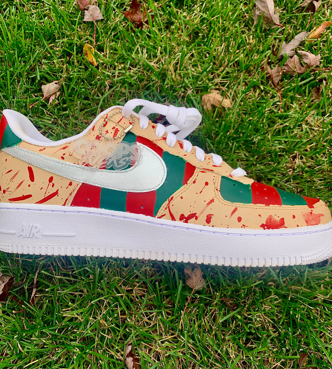 Custom sneaker with featured Freddy Krueger design pattern. Great wear for Halloween events for men or women 