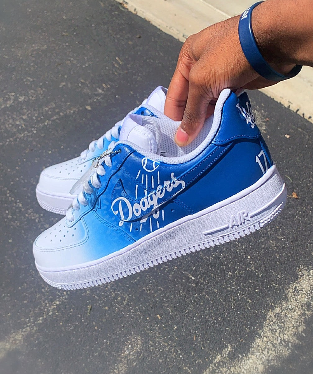 Custom Blue and white sneakers with 'Dodgers' branding for great team supporting 