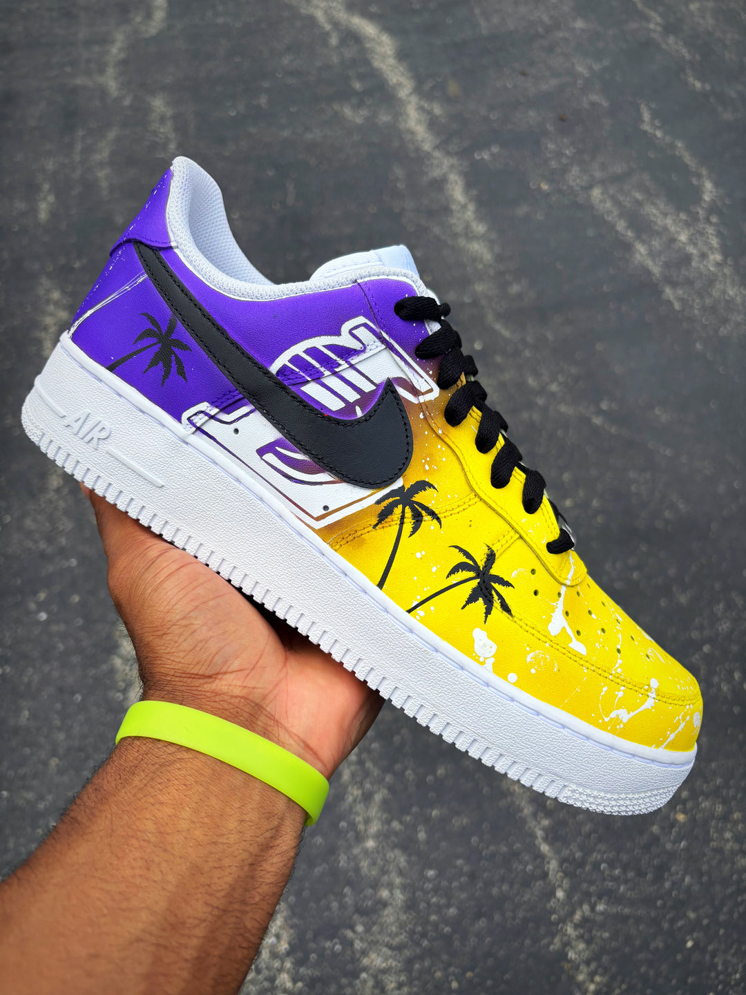 Purple and yellow sports team sneaker with palm tree design. Af1 customs for men and women 