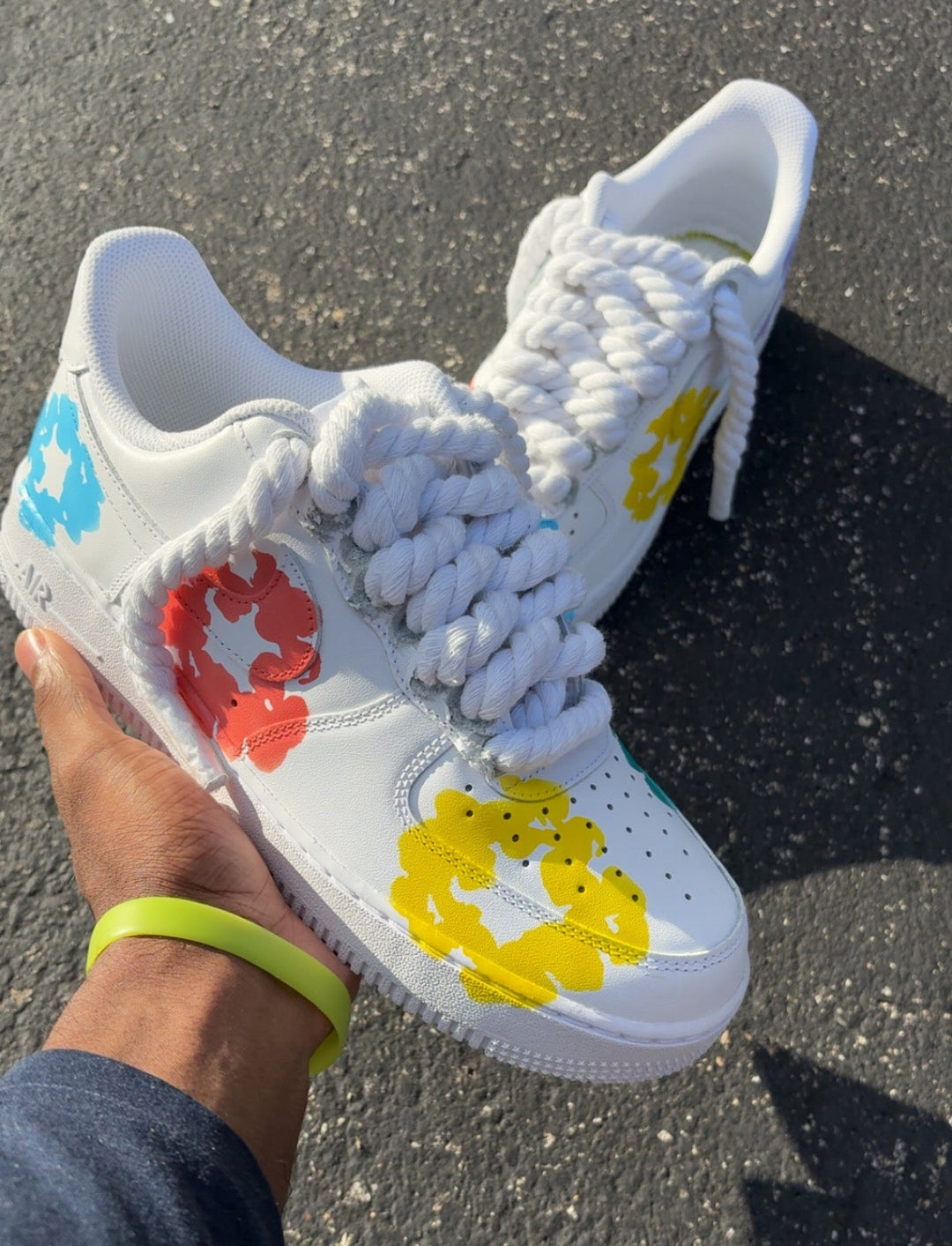 Custom white af1 with pastel colored flower design. Custom sneakers for men and women 