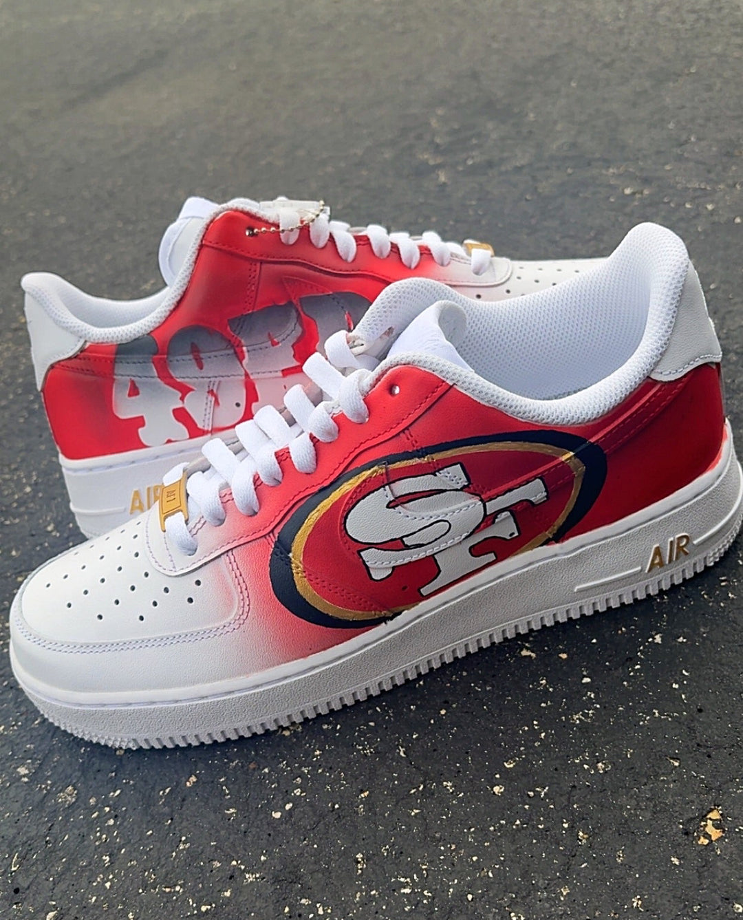 Custom NFL 49ers red to white color fade with team logo and gold accents. Custom made for men and women 