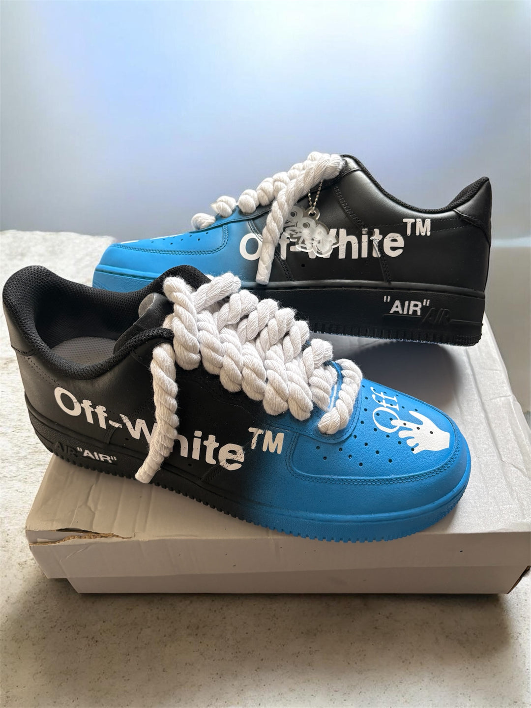Custom Airforce one black and blue color fade with designer off white print 