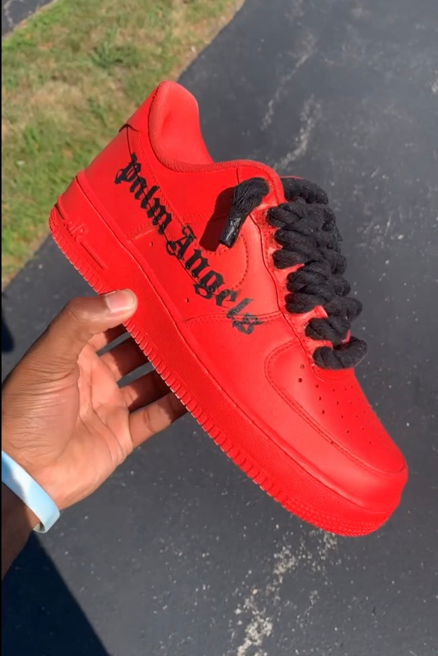 All red Palm Angles AF1s with think black rope laces for men and women 