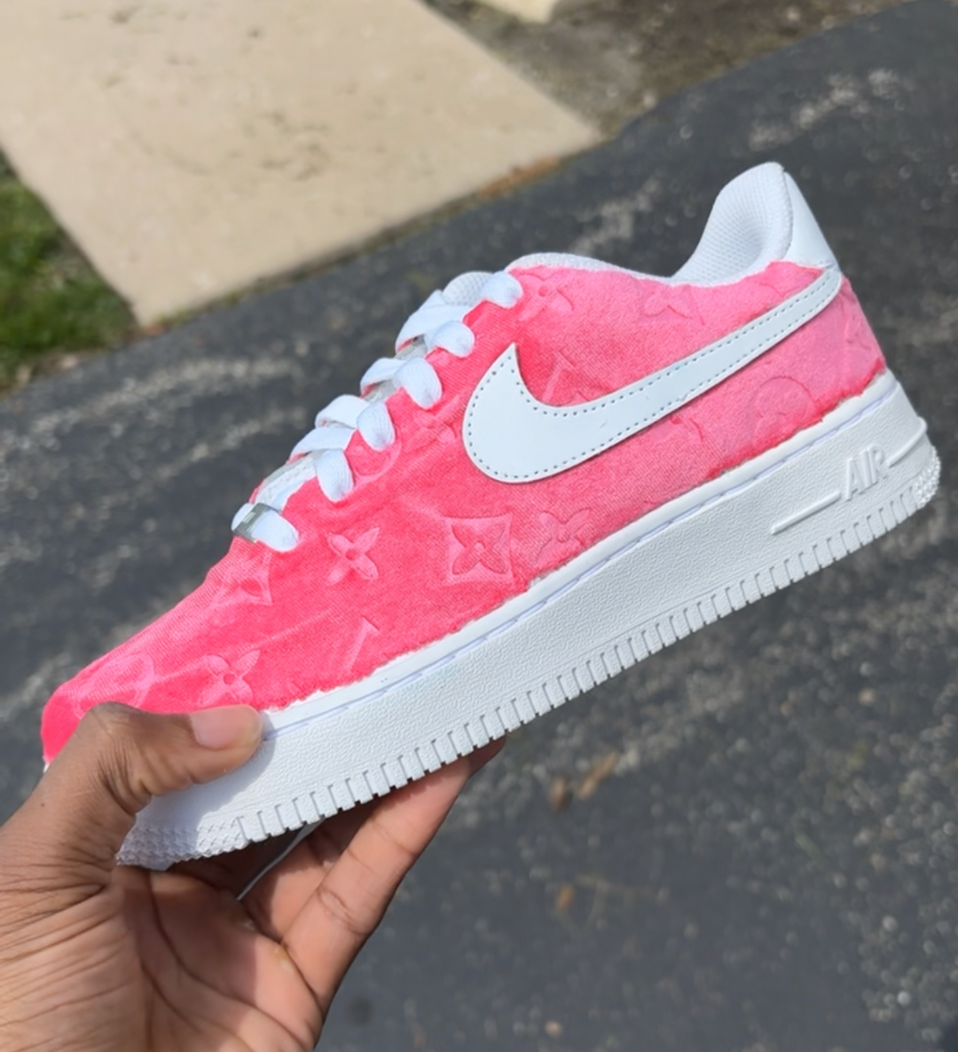 Airforce ones with pink LV fabric pattern 