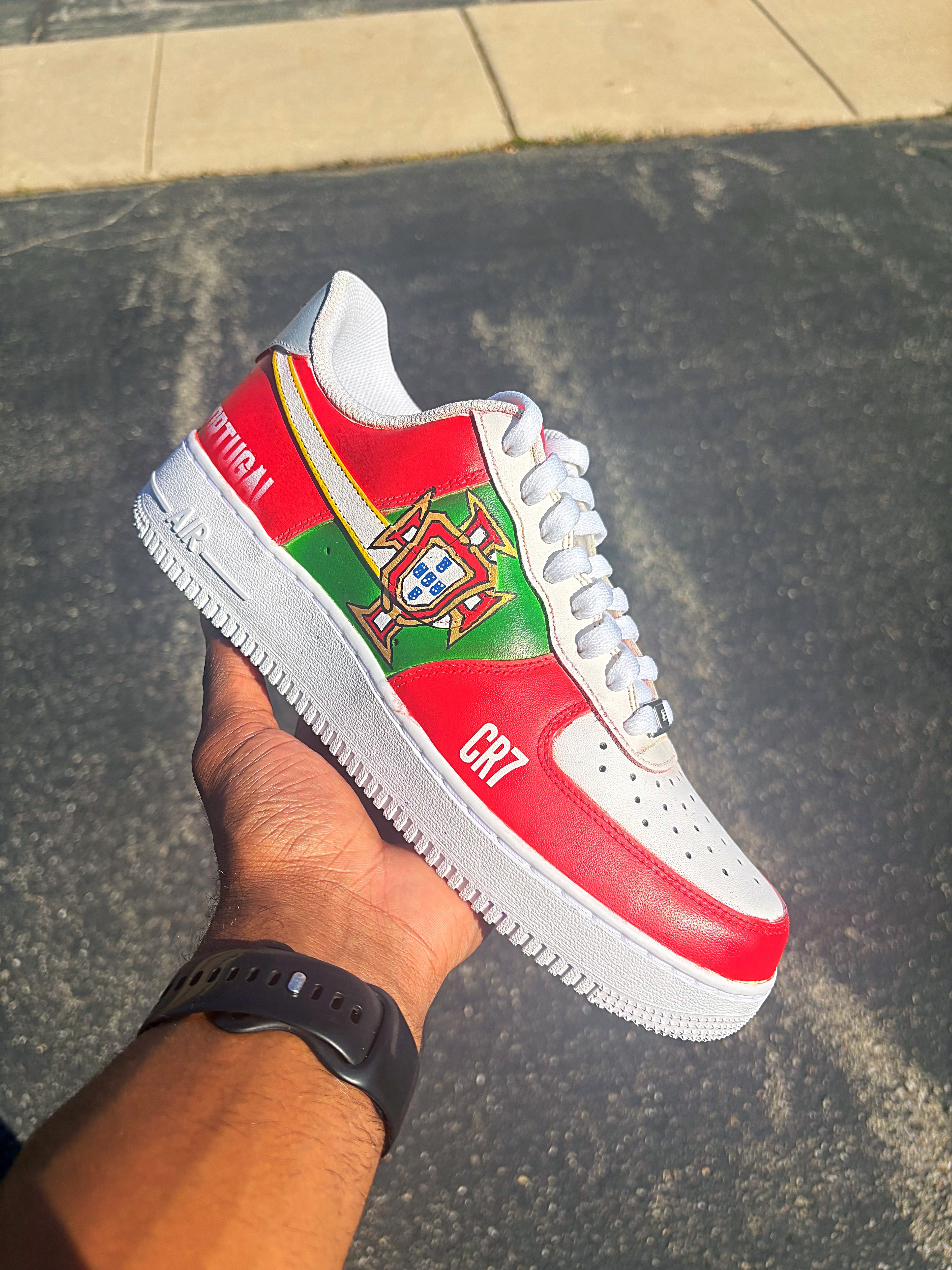 Custom World Cup Af1 sneaker. Featuring Portugals red and green with the team emblem 