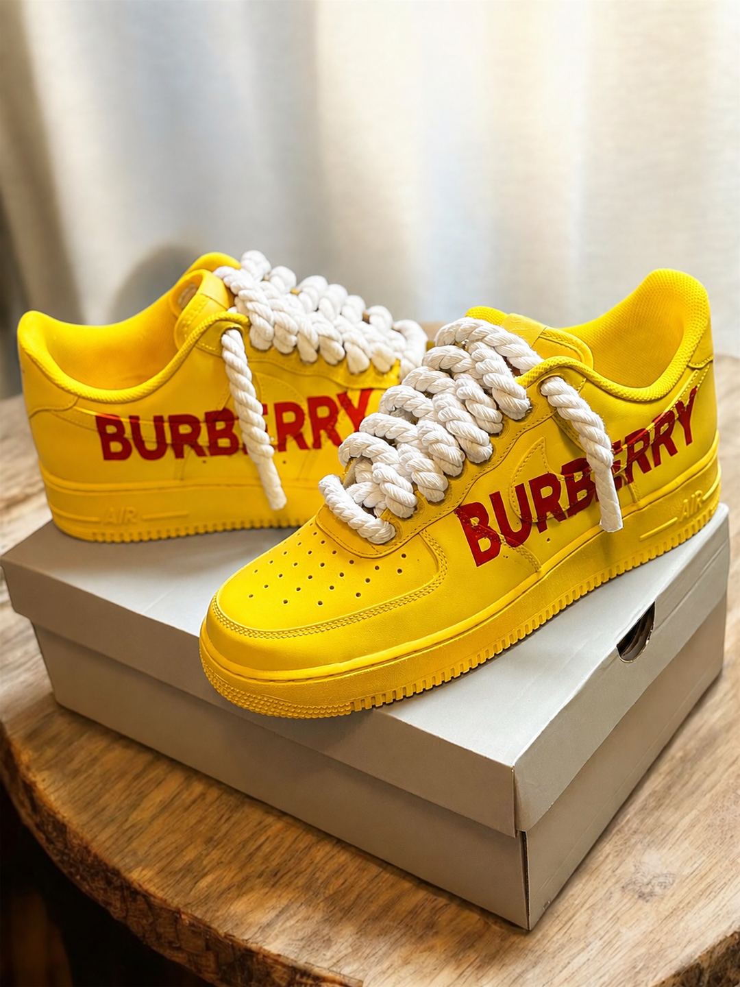 Custom yellow AF1’s with iconic Burberry logo and white rope laces. For men and women 