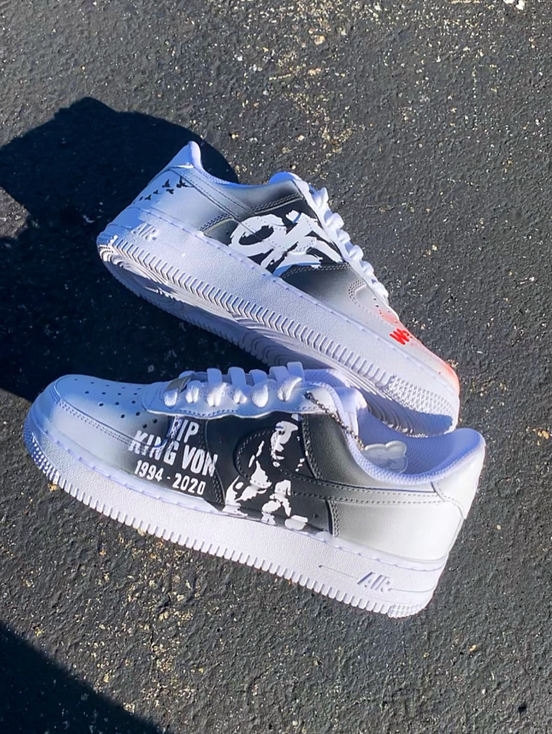 Custom white sneakers with memorial picture and fade designs 