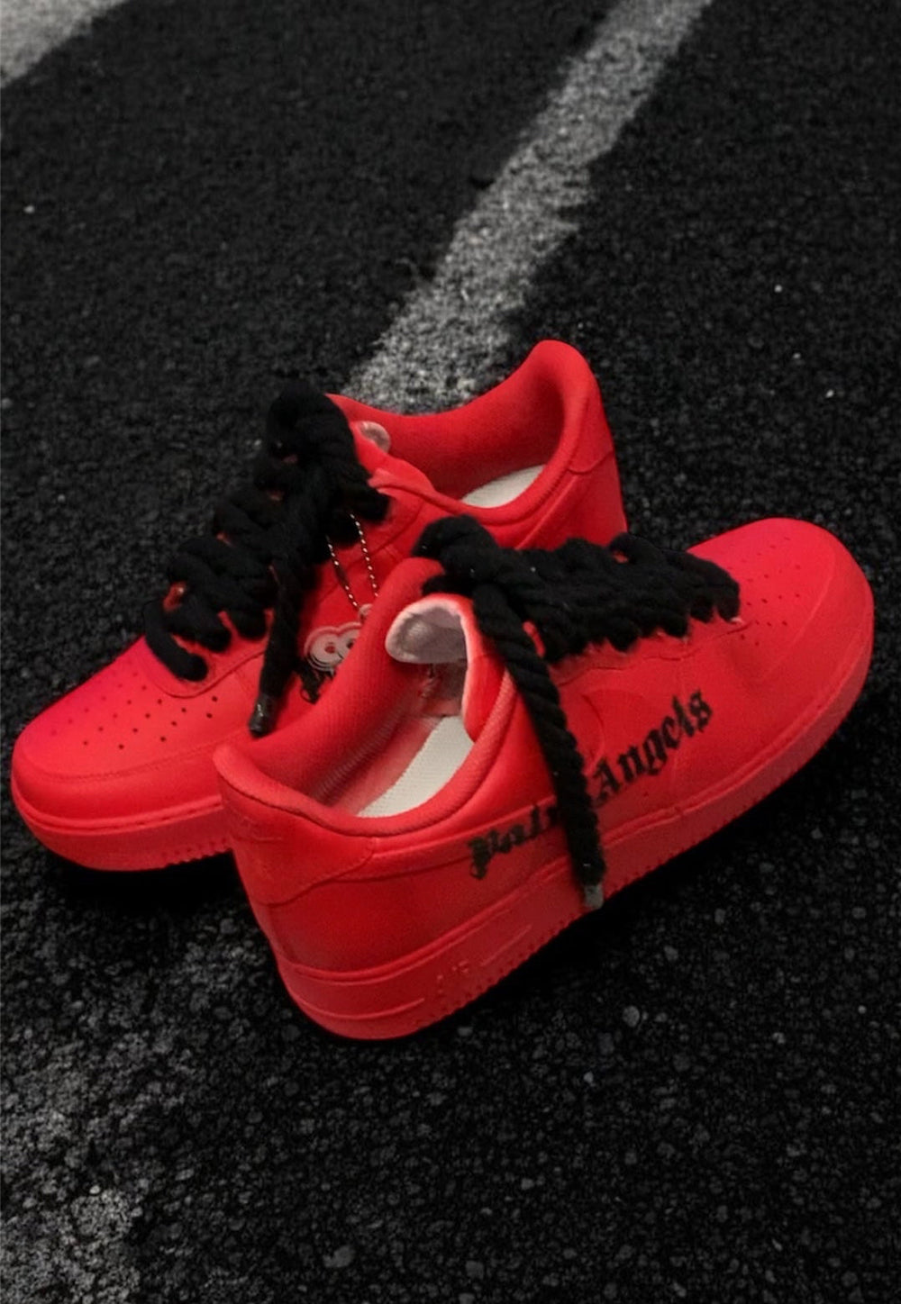 Deep red Palm angels custom AF1s with thick black rope laces 